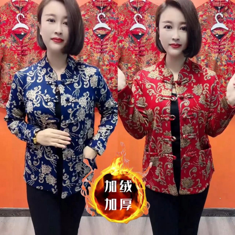 기모 두꺼운 중년 및 노인 가을 및 겨울 새로운베이스 아우터웨어 카디건 내셔널 스타일 캐주얼 긴팔 여성 탑