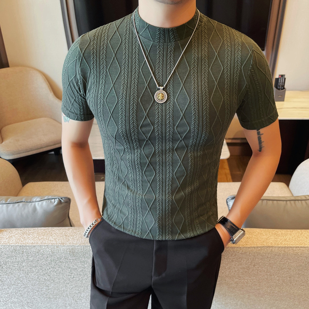 直播带货夏季新款男士轻奢弹力质感小中领短袖T恤修身痞帅男生tee