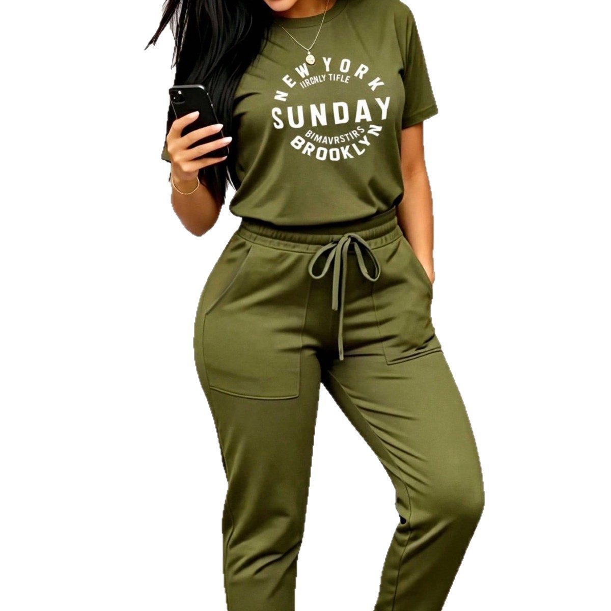 Women's Casual Suit Spring/Summer Solid Color Letter Print Crew Neck T-Shirt And Drawstring Elastic Waist Trousers Set_ecoleips.com