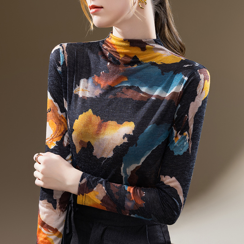 Camisa de fondo de cuello alto para mujer 2023 nueva camiseta de manga larga impresa Vintage para mujer temperamento Cintura interior superior ajustada image 7