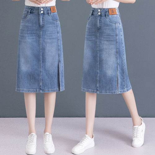 Women's Jeans Half-Calf Skirt 2025 Summer New High-Waist Word Short Skirt Slim Fit Thin Mid-Length Slit Hip-Hugging Skirt
