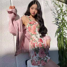 法式连衣裙辣妹迷你花卉裙碎花显瘦吊带短裙夏季荷叶边度假裙25