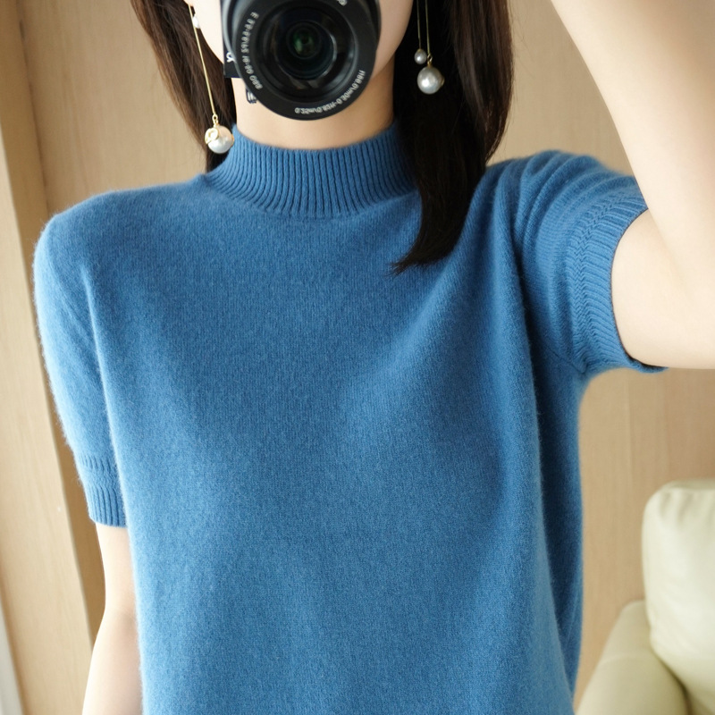 Spring 2022 New Arrival Half-turtleneck Short-sleeved Sweater Women's Short Pullover Loose Thin Knitted Bottoming Shirt Half-sleeved