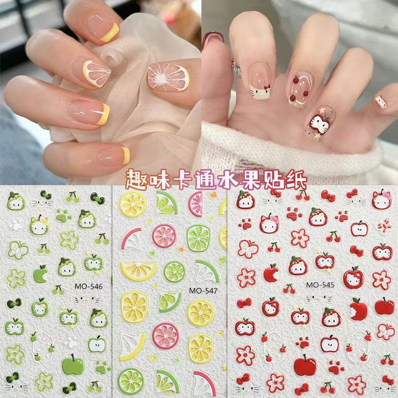 Dopamine Red Apple Kitty Nail Art Sticker Embossed Stereo Green Apple Cherry Fruit Lemon DIY Nail Sticker