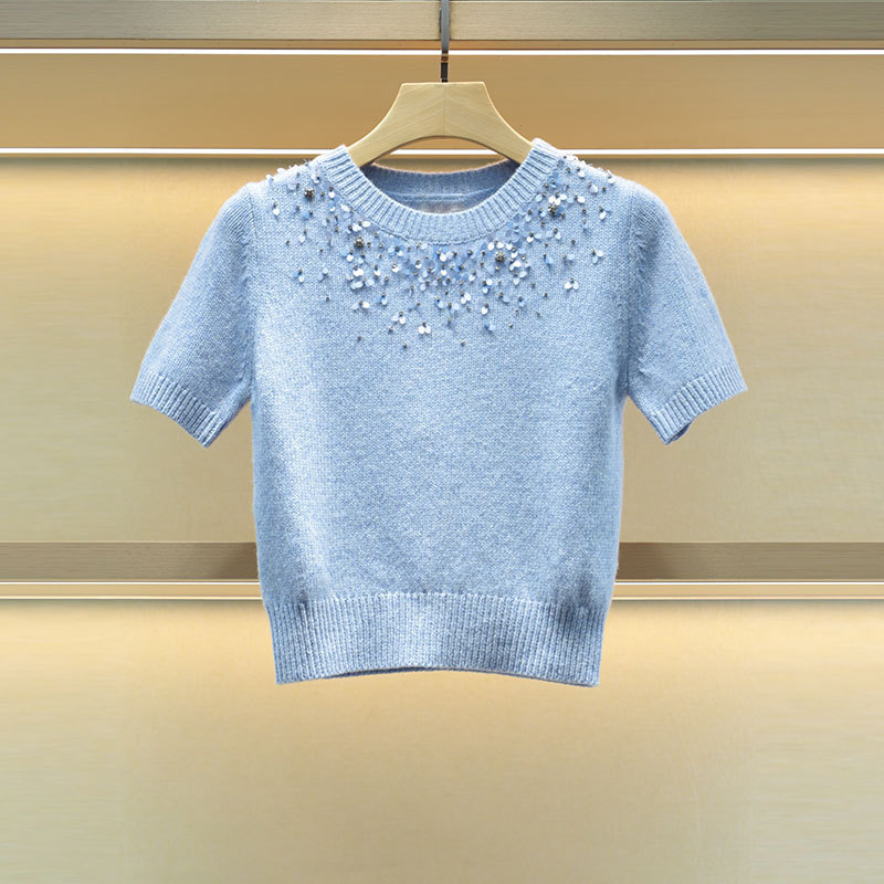 Moshu Weiya 2025 New Autum Sweet Round Neck Heavy-Duty Nail Sequin Short-Sleeved Knitwear 4M14D