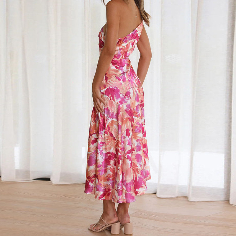 Sleeveless Sleeve Length Wholesale Women's Vacation Printing Ruffles Printing Holiday Beach Oblique Collar Sleeveless Sheath Dress