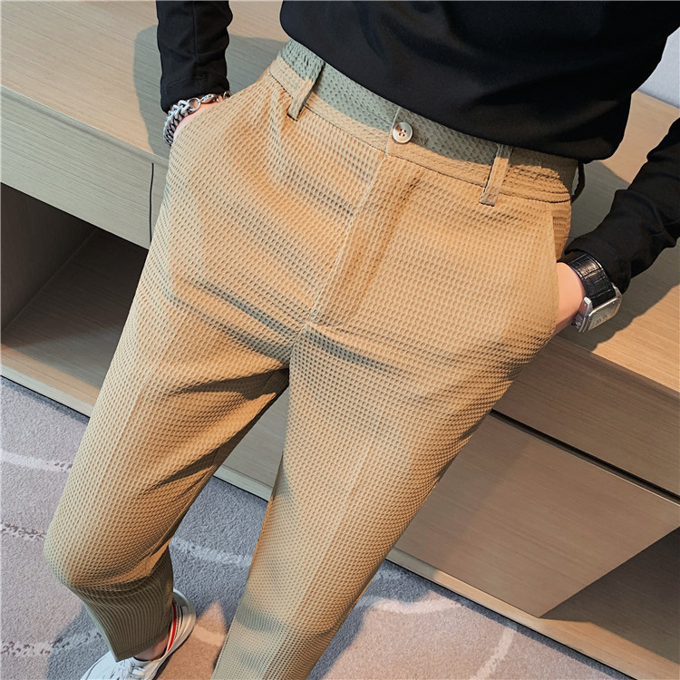 Pantalon décontracté droit gaufré à la mode et simple de marque tendance paresseuse, pantalon slim à petite jambe, pantalon d'affaires suspendu_voghion.com