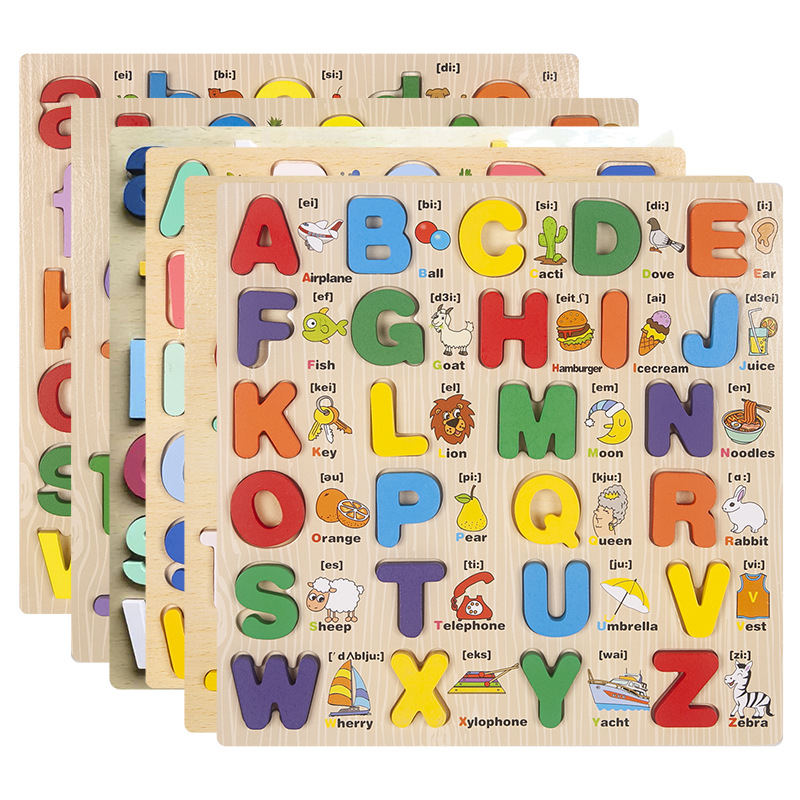 Niños mayúsculas y minúsculas letras inglesas tablero de agarre de madera 1-6 juguetes educativos de educación temprana cognitiva de aprendizaje del bebé al por mayor