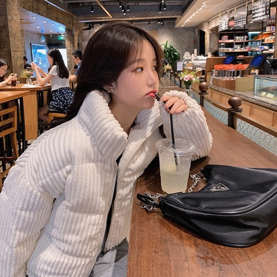 2023 winter new stand collar short corduroy down cotton-padded jacket students loose small cotton-padded jacket coat women's small