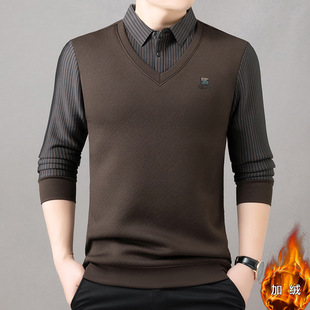 Shirt Collar Fake Two-piece Set Men's Autumn and Winter Long-sleeved T-shirt fleece-lined Sweater Fake Collar Knitted Shirt Top Striped Men's Wear