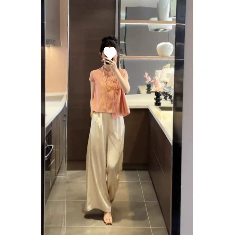 Новый китайский стиль национальный костюм женский жаккардовый блузка с пуговицами широкие брюки из двух частей модная женская одежда 2025 летний новый стиль