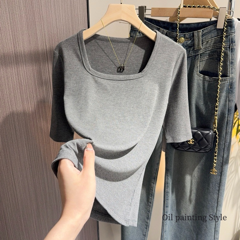 Dark Gray Square-Neck Half-Sleeve T-Shirt for Women, 2026 Summer New Slim-Fit Mid-Sleeve Slimming Base Half-Sleeve Top