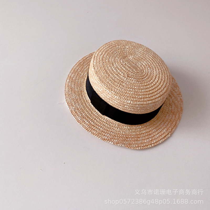 Sombrero de paja de trigo plano para niños, estilo coreano, para playa, ala ancha, protección solar, moda