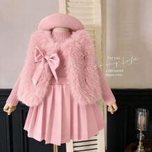 女童春秋新款皮草马甲三件套洋气时尚毛马甲加百褶裙加毛衣三件套