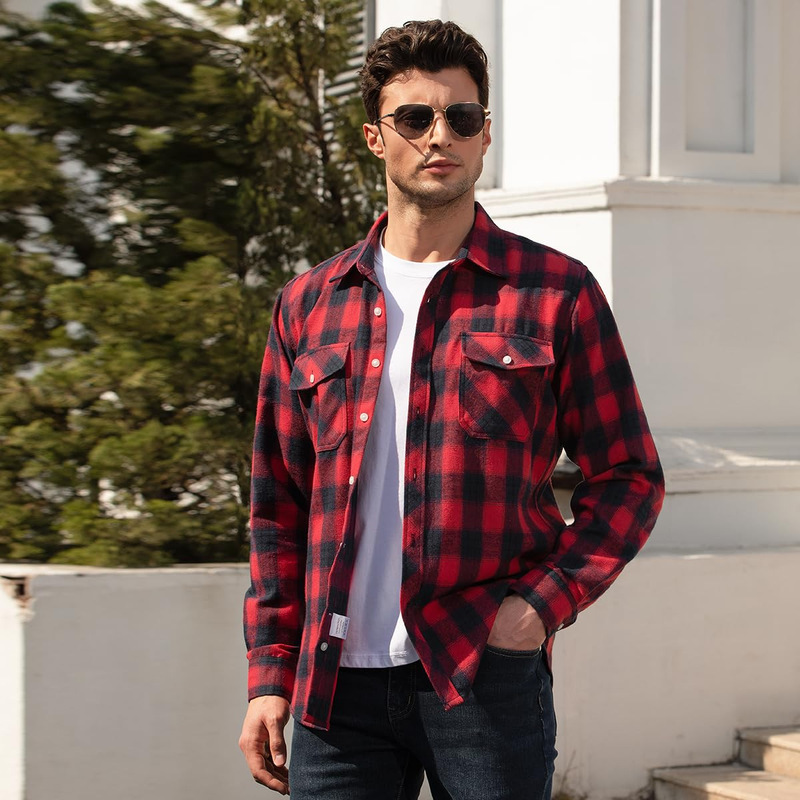 Cross-Border Popular Flannel Plaid Long-Sleeve Shirt for Men with Double Pocket Flaps, Men's Long-Sleeve Brushed Plaid Shirt for Spring