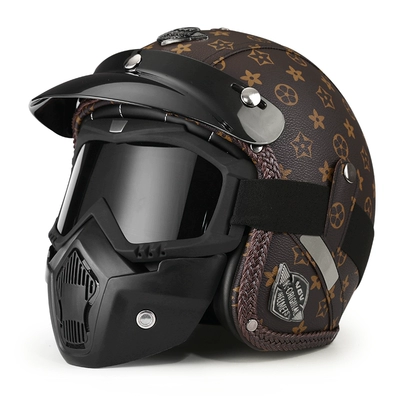 Motosiklet dəbilqələri, 3c certification retro cruise motorcycle - m-brown-print-style-mirror-set-leave-a-message-to-change-to-a-transparent-mirror-free-brim-face-towel