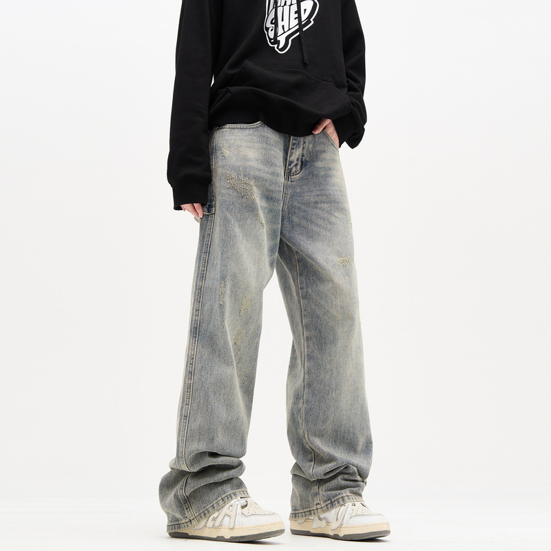 2024 American high street washed straight jeans men's retro loose distressed wear light blue trousers ins