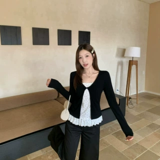 大码女装胖mm韩版设计感假两件扭结花边长袖T恤上衣