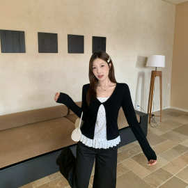 大码女装胖mm韩版设计感假两件扭结花边长袖T恤上衣