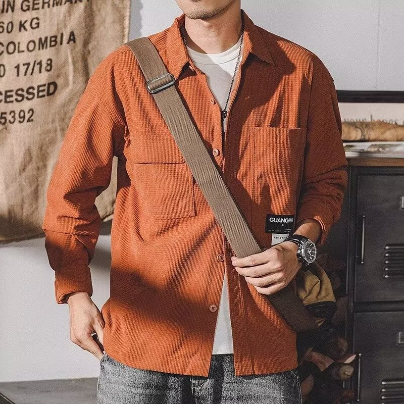 Waffle Long-Sleeved Shirt Men's Loose Large Size Autumn and Winter New Workwear Pure Color Thickeneded Lapel Shirt Jacket Trendy