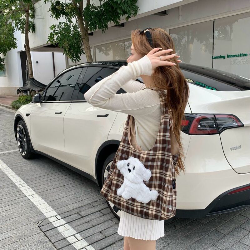 秋冬时尚毛绒卡通小熊格子背心包学生大容量帆布袋少女休闲单肩包|undefined