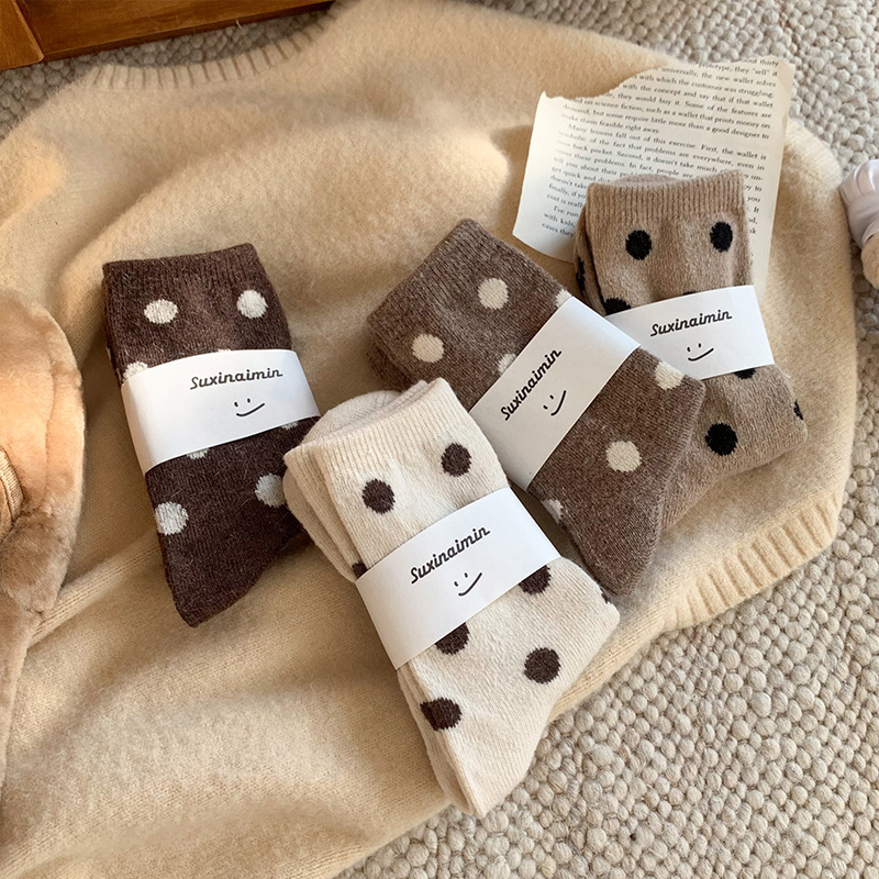 Maillard Wool Socks Cashmere Mid-barrel Autumn and Winter Thickened Warm Socks for Children Japanese All-match Wave Dot Zhuji Wholesale