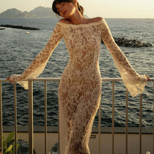 GY26126欧美跨境一字肩透视优雅浪漫蕾丝连衣裙秋冬长袖打底裙