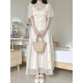 法式温柔风超仙收腰气质印花蝴蝶结=连衣裙女学生夏日韩版茶歇裙