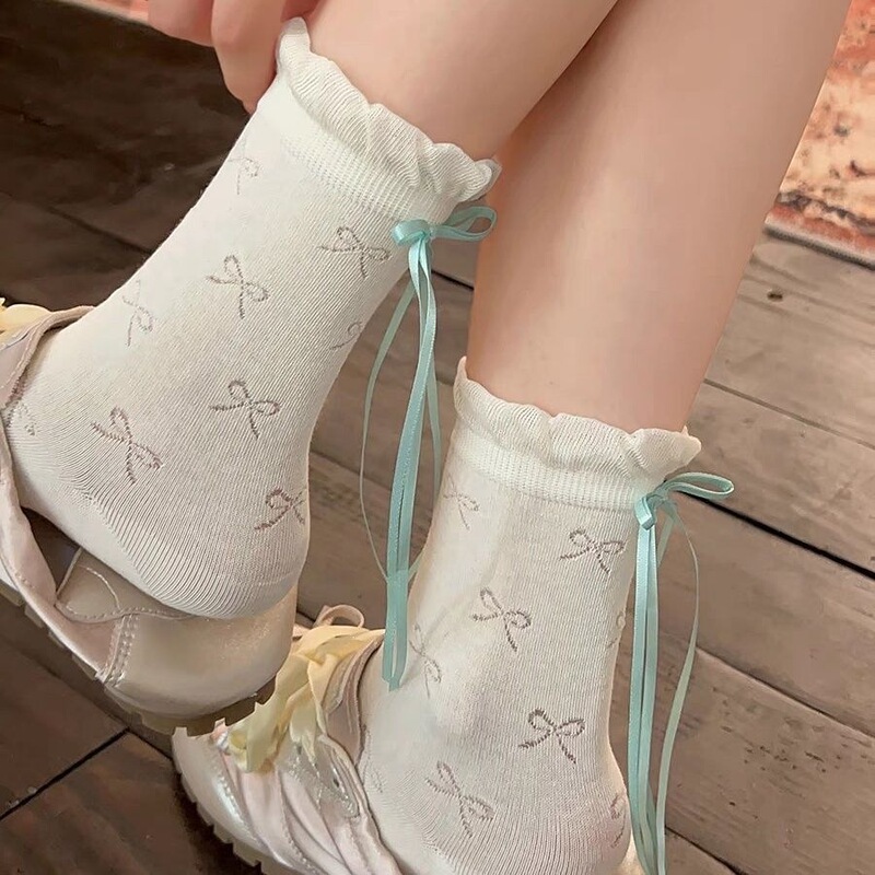 Bowknot Socks for Women, Mid-Calf Socks, Summer Thin Mesh Hollow Socks, Trendy Versatile College Style Slouch Socks for Women