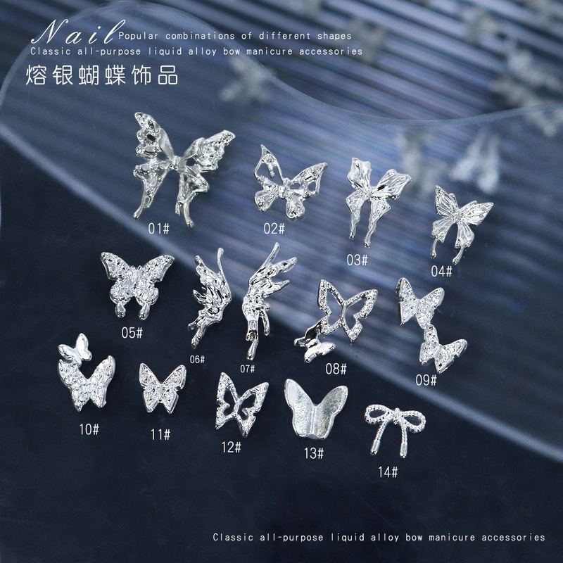 Wings Alloy Nail Diamond Metal Big Butterfly Internet Celebrant silver Hollow Butterfly Nail Art Jewelry Three-dimensional Bow