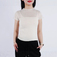 厂家热销腈纶针织上衣女薄款上衣透气针织上衣圆领纯色针织衫短袖