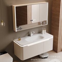 Creamy style Corian integrated bathroom cabinet set, hairdryer stand mirror cabinet, bathroom washbasin sink and toiletries vanity