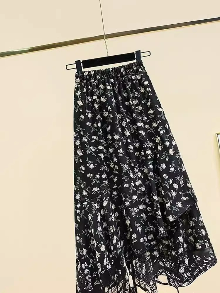 Утягивающая юбка трапециевидной формы с высокой талией, закрывающая бедра, новинка лета 2024, тонкая женская юбка больших размеров с цветочным принтом средней длины