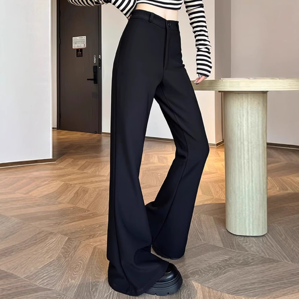 Pantalones de trajes de herradura negra primavera y verano mujeres diseño de cintura alta elástica caballo pequeño trapeador pantalones de bocina