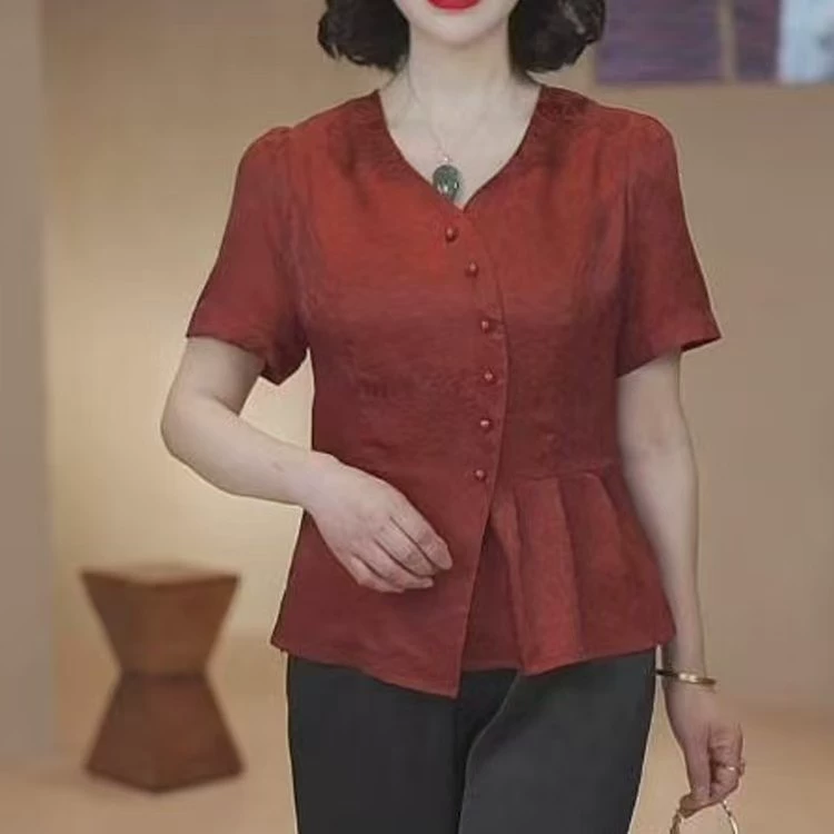 Летний костюм для мамы национальный ветер с короткими рукавами рубашка 2025 новый средний и пожилой женский топ с уменьшением возраста рубашка