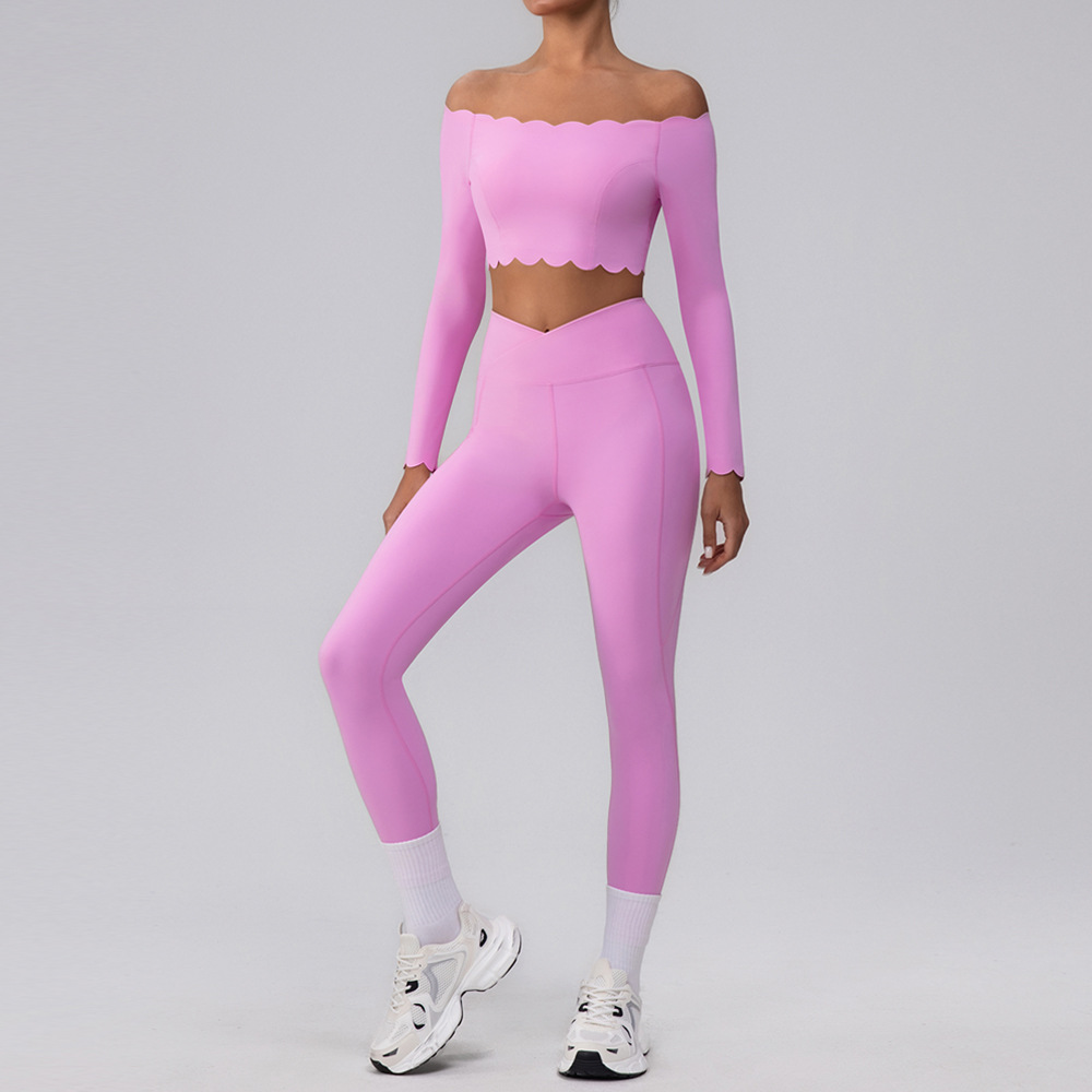 Europeos y estadounidenses un hombro trajes de yoga set top con cojín de pecho bra deportivo encaje pequeño hombro cortado mangas largas mujeres