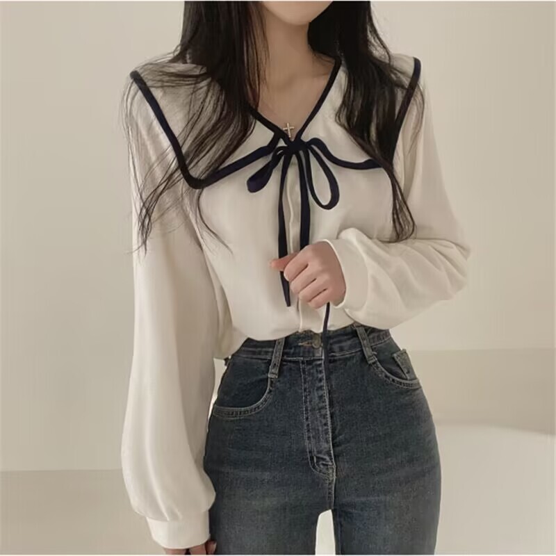 Versatile Shirt with Bow Tie, Loose Temperament, Spring Large Lapel French Korean Design Long-Sleeved Top Versatile Shirt with Bow Tie, Loose Temperament, Spring Large Lapel French Korean Design Long-Sleeved Top