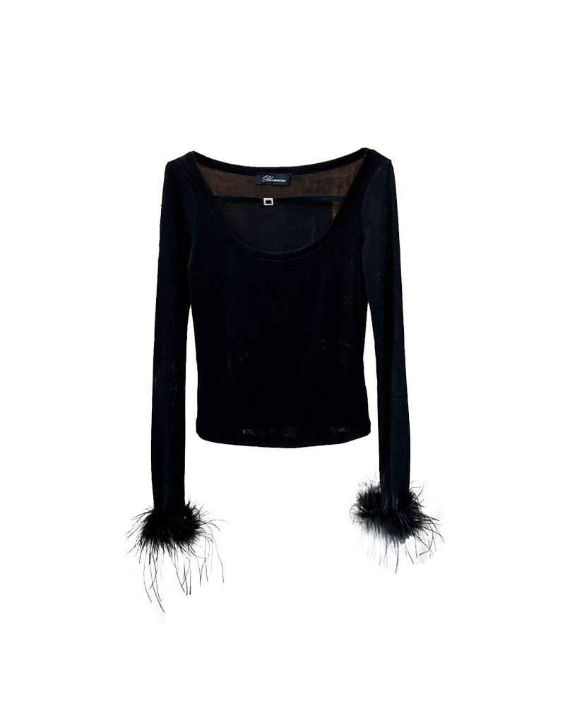 Nueva camiseta de manga larga elegante y hermosa para mujer, suéter moderno con diseño de plumas, top elástico ajustado.