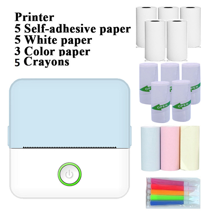 X6 Azul y Blanco + 5 Rollos de Papel Térmico + 5 Hojas de Pegatinas + 3 Rollos de Papel de Colores + 5 Rotuladores de Colores
