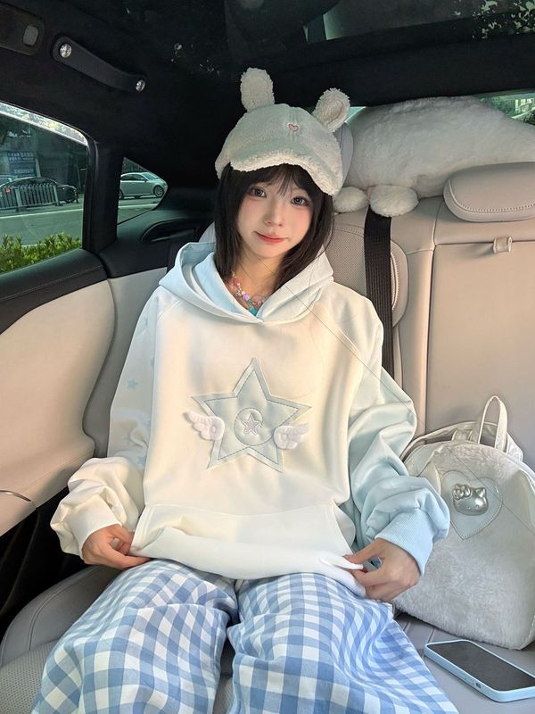日系宅萌贴布星星小翅膀插肩袖卫衣女秋冬新款y2K情侣百搭帽衫|undefined