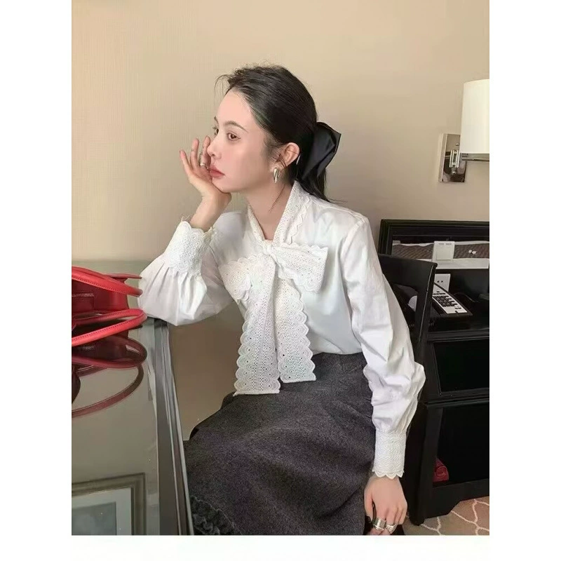 Новый 100 хлопчатобумажный французский нежный кружевной белый блузка топ женский дизайн