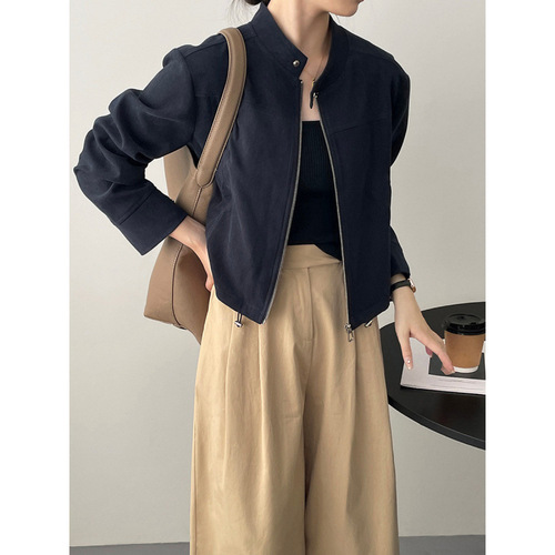 American Retro Stand Collar Short Coat for Women Autumn/Winter Petite Size Flight Jacket with Elegance