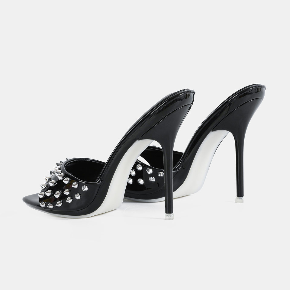 Dép sandal nữ quai ngang hở ngón đính đinh tán, gót mảnh 12 cm, cỡ lớn — Màu be, Màu bạc, Màu trắng, Màu tím chi tiết 3