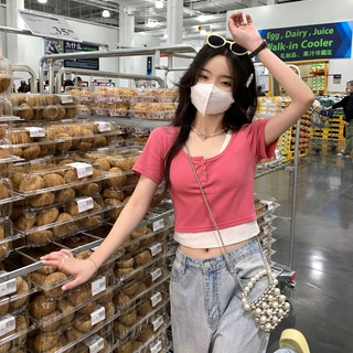夏季新款设计感短袖T恤女短款露脐拼接假两件韩版bm显瘦上衣