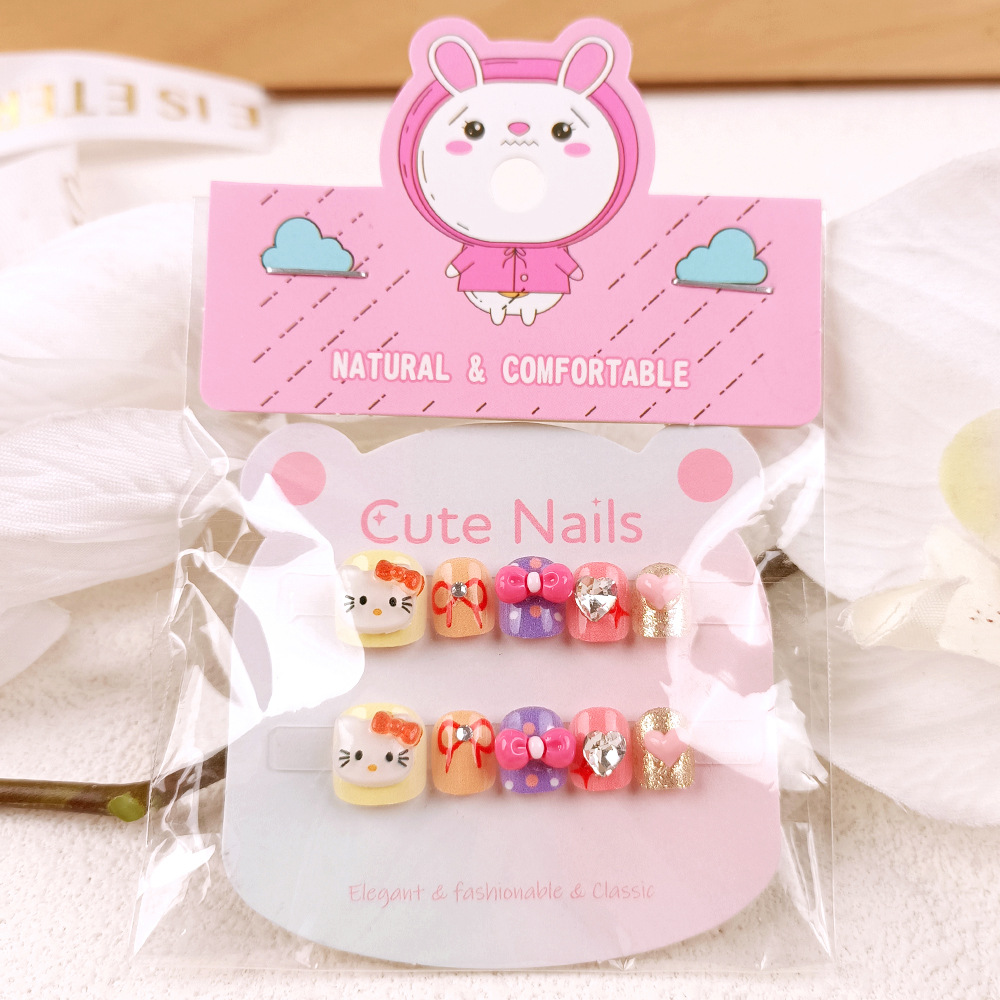 Parche de uñas de lazo para niños, uñas cortas de gato tridimensional 3D, 10 piezas de uñas para niños con diamantes