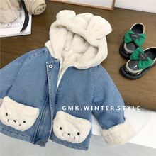 韩国女童加绒加厚牛仔外套冬季新款洋气时髦休闲保暖卡通连帽外贸