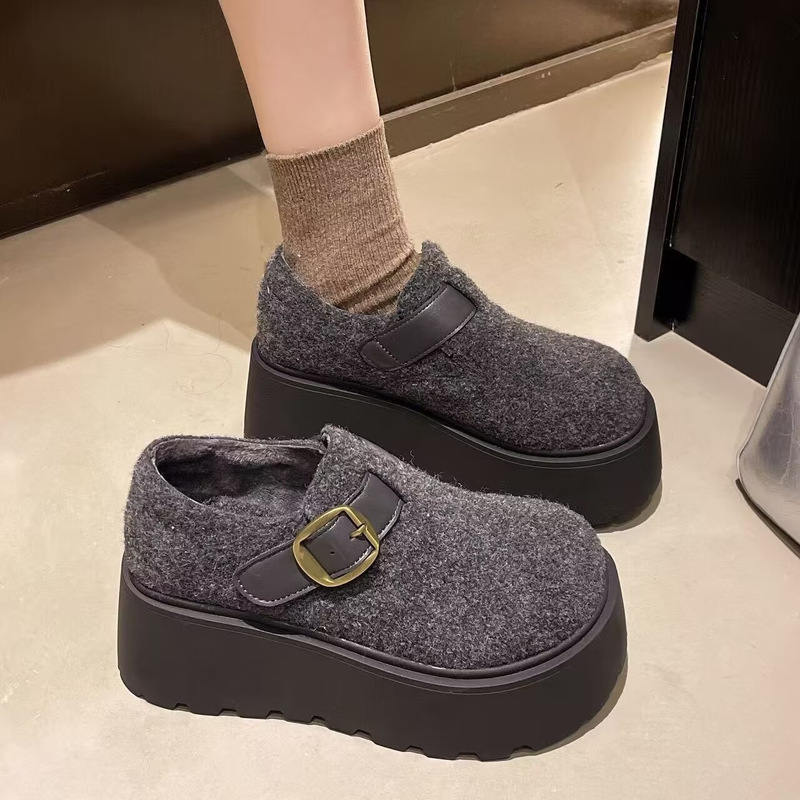 Thick-Soled Gray Birkenstock Shoes for Women, 2026 New Autumn and Winter Fleece-Lined Warm Snow Boots, Cotton Shoes, Casual Loafers
