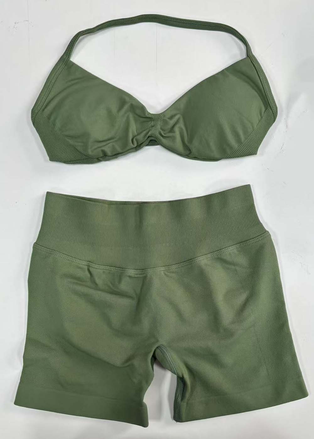 Conjunto DF Amazon pantalones cortos explosivos sujetador pequeño alto elástico superfino nailon halter cuello hermoso chaleco deportivo trasero