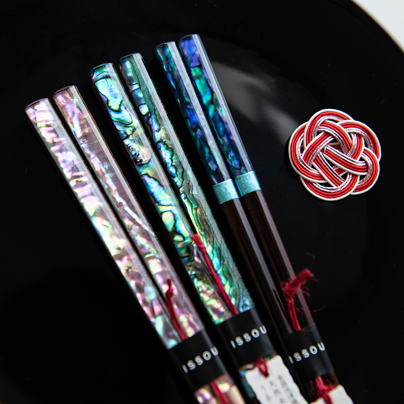 石田日本进口浪漫炫彩实木筷子手工贝夫妻情侣对筷礼品日式尖头筷