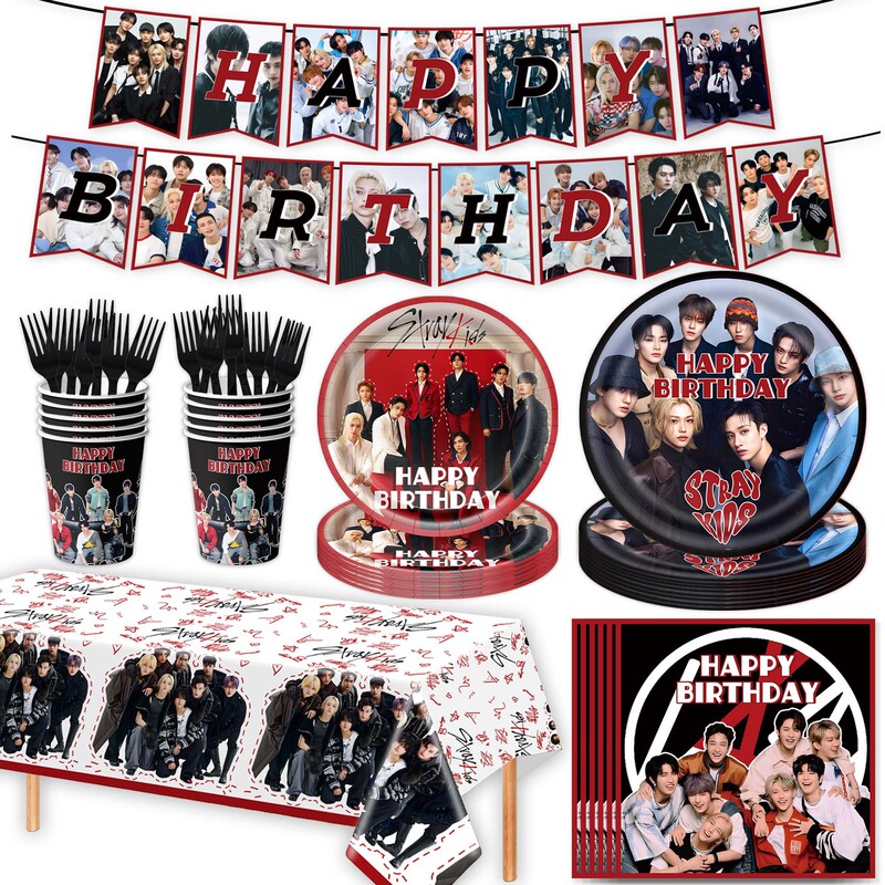 New Stray Kids Boy Band K-Pop Themed Birthday Party Banner Flag Decoration Props and Tableware Set